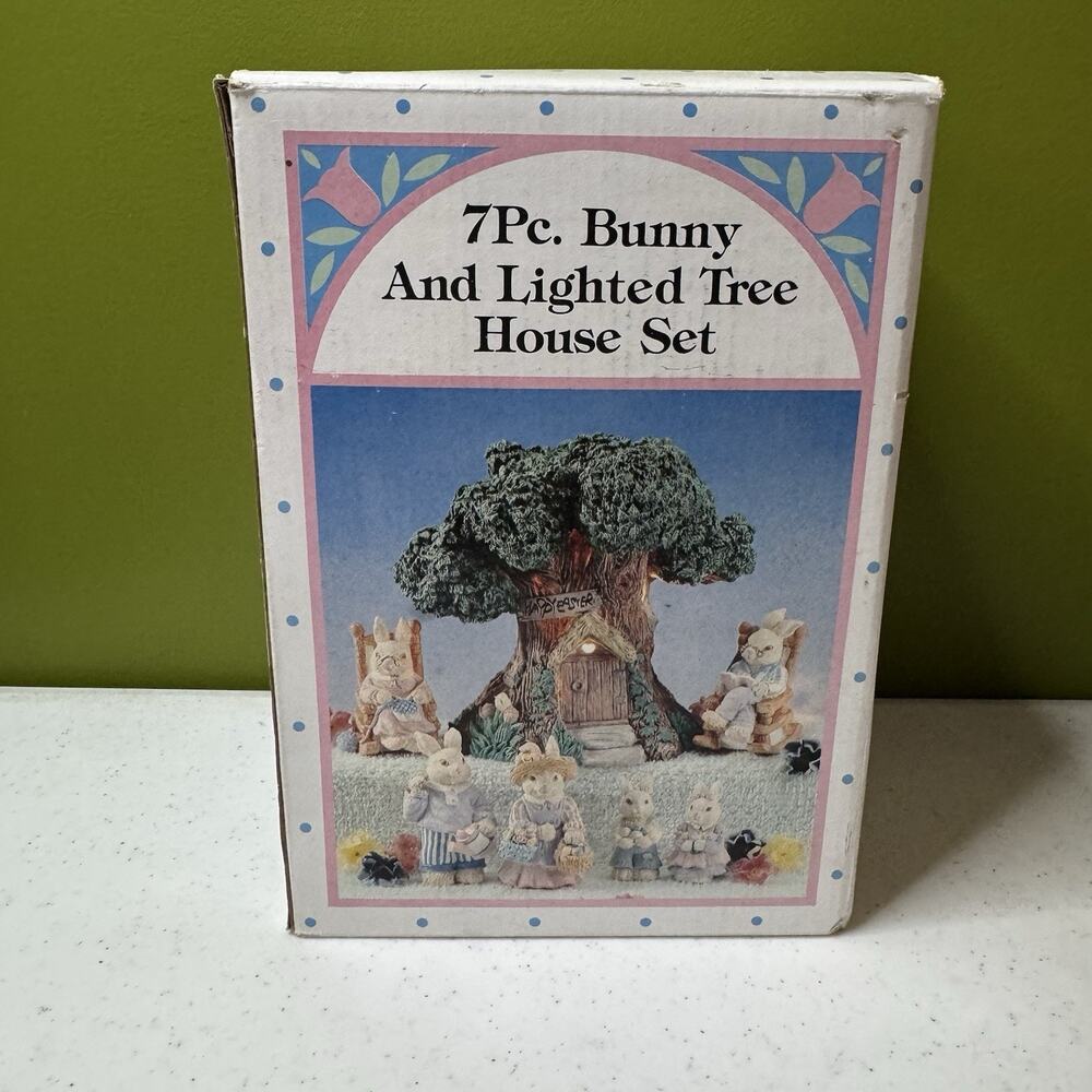 7 Pc Bunny and Lighted‎ Tree House Set 90s Resin Easter Spring Decoration Box - Picture 12 of 12